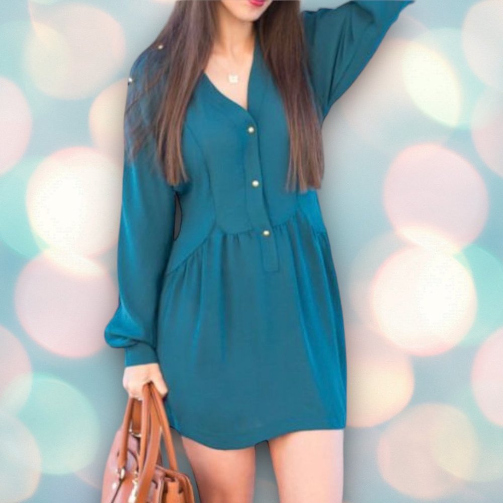 Hoss Intropia Women’s Green V-Neck Long Sleeve Button Chiffon Dress Size 40 NWT